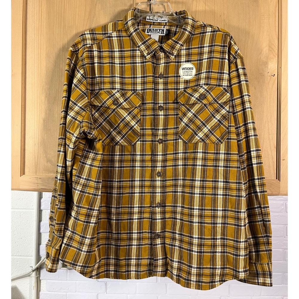 Duluth Trading Co Flannel Shirt Mens 2XL Yellow Burlyweight Untucked Plaid